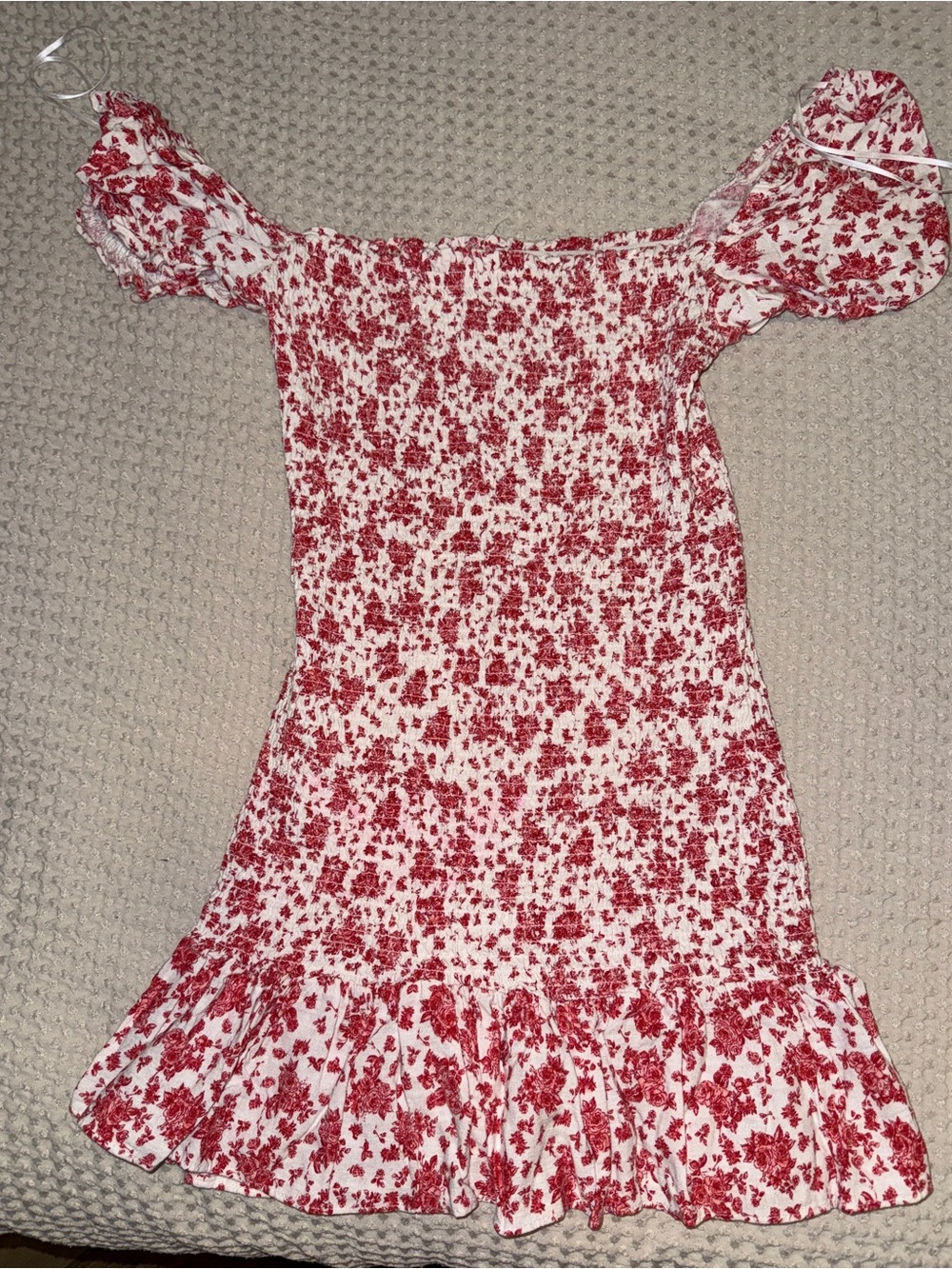 stradivarius White and Red Floral Off-Shoulder Smocked Dress for Kids